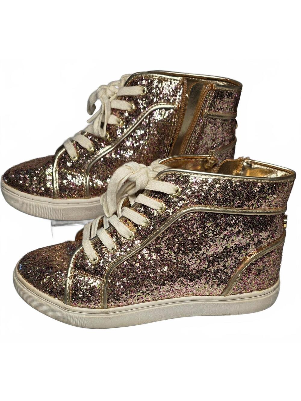 Steve Madden Size 5 Gold Glitter High-Top Sneakers with White Laces and Side Zip